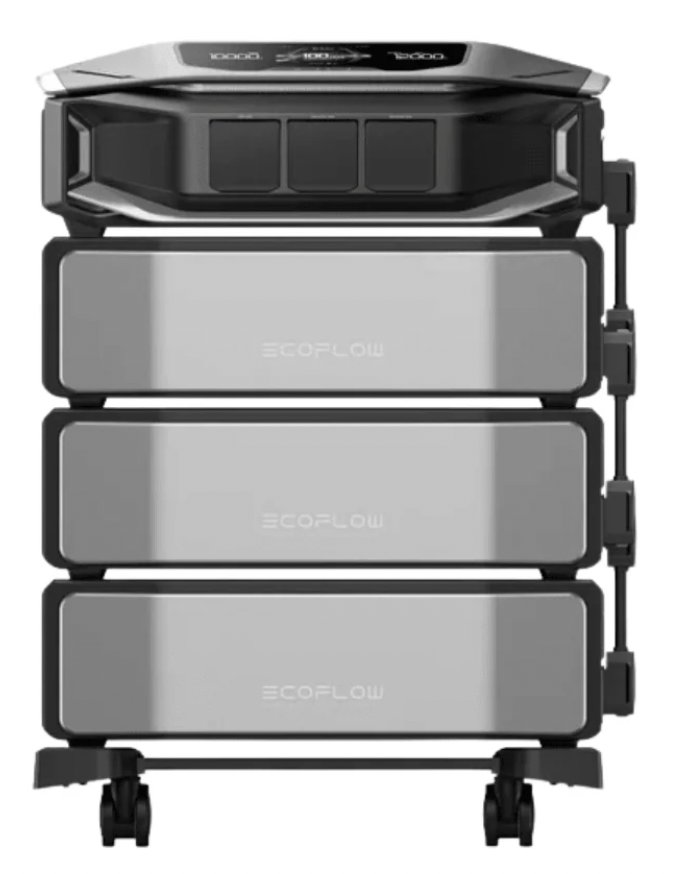 EcoFlow DELTA Pro Ultra with additional batteries stacked on a single wheeled cart