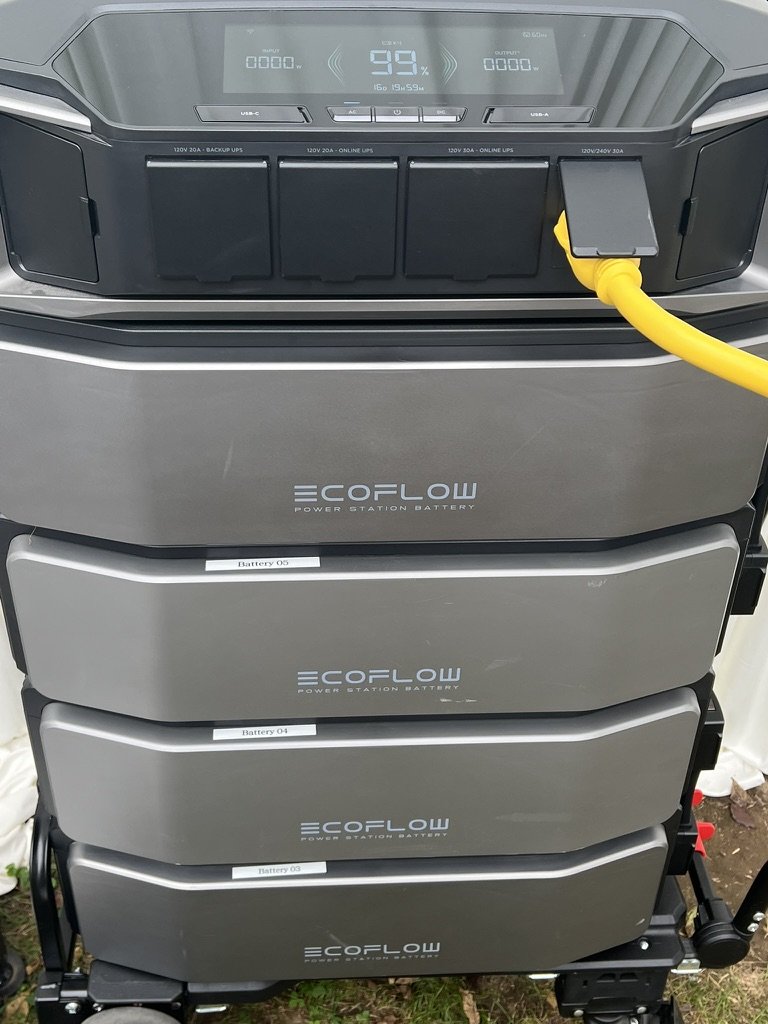 EcoFlow DELTA Pro Ultra inverter display fully charged, with three stacked batteries below