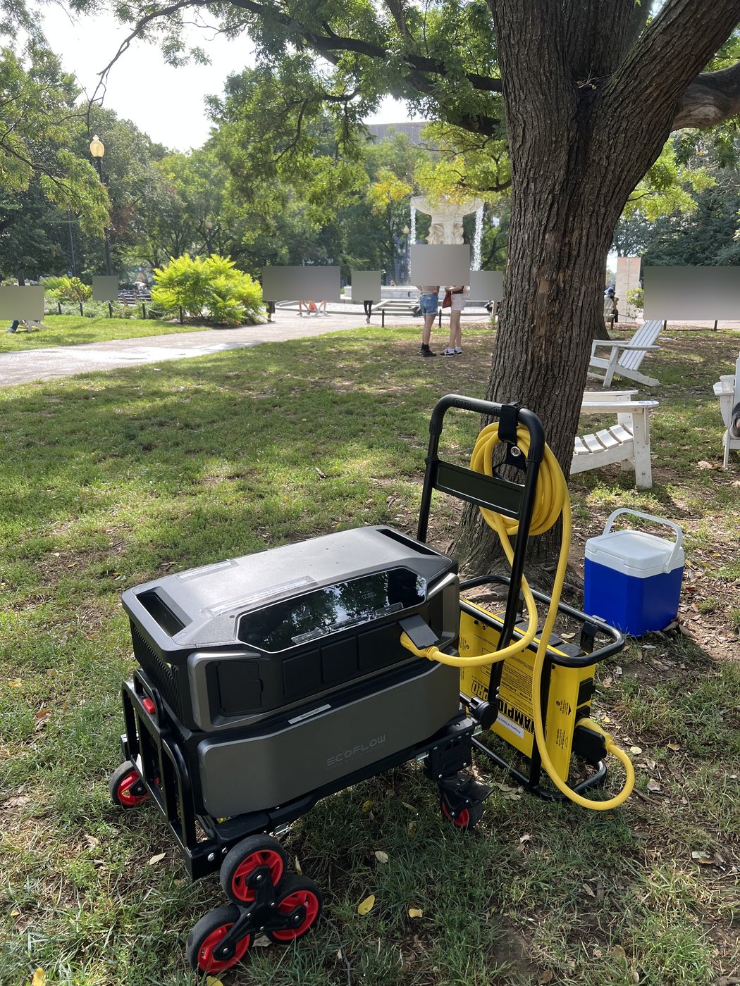 EcoFlow unit and power distribution box on a hand cart under a tree at a park event